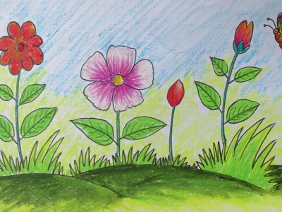 How to Draw a Scenery with Flowers for Kids [Long Version]