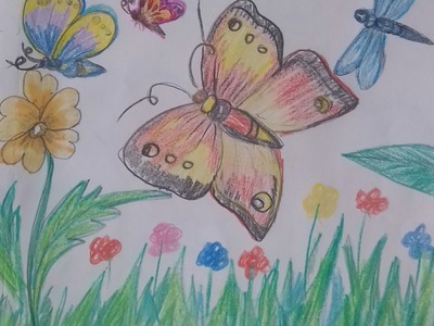 How to draw  beautiful butterflies in a garden