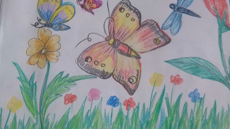 How to draw  beautiful butterflies in a garden