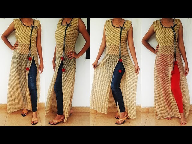 DIY Frontslit kurti Cutting And Stitching, Designer Long  one slit Kurti From Old Saree