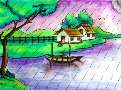 How to draw rainy season- Natural scenery by Indrajit Art School