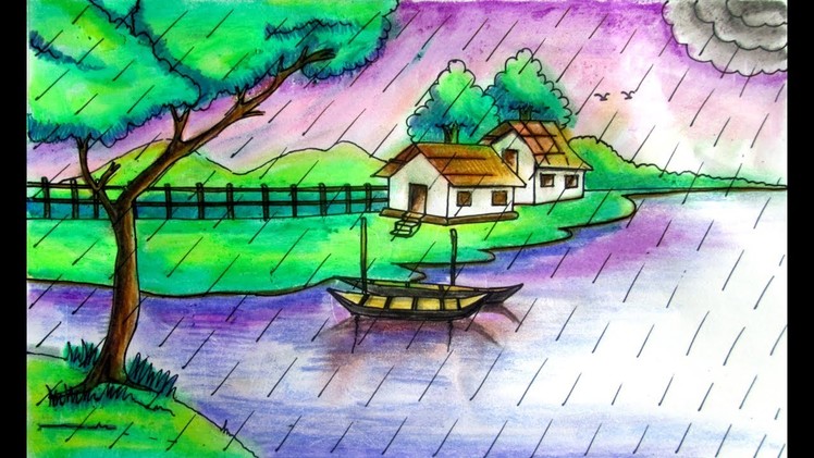 How to draw rainy season- Natural scenery by Indrajit Art School