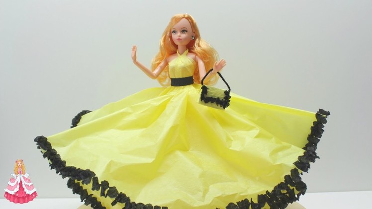 How to Make a Cinderella Yellow Doll Dress from Tissue and Crepe Paper - Doll Dress Fun