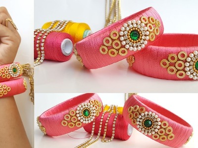 How to Make Designer Bridal Silk Thread Bangles || Bridal Bangles with Green Kundan at Home