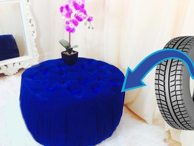 Luxury tufted ottoman from a tyre.Creative way to re purpose and save money