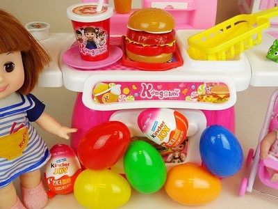 Baby doll Hamburger kitchen and Surprise eggs Kinder joy toys play