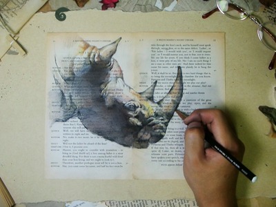 Drawing rhinoceros on old book pages - JayArt