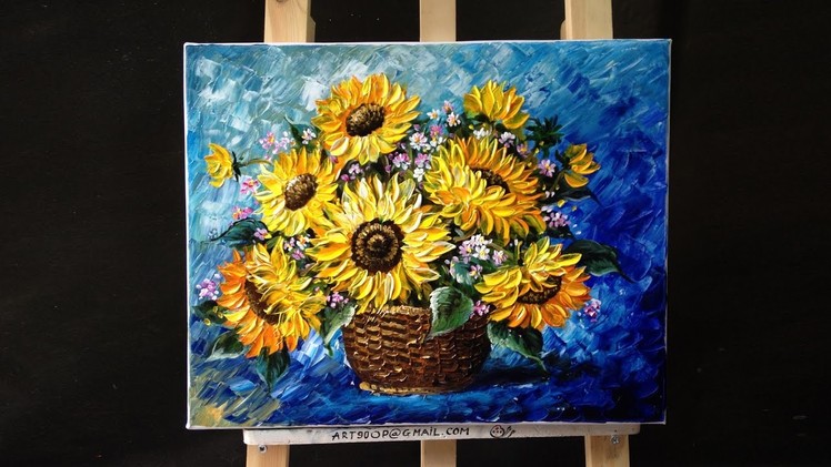 How to paint sunflower with acrylic paint using a palette knife