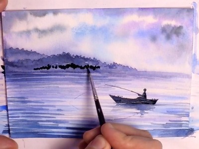 Speed Painting - Watercolor Painting How to Paint a Waterscape with Watercolors - Lake Fishing Boat