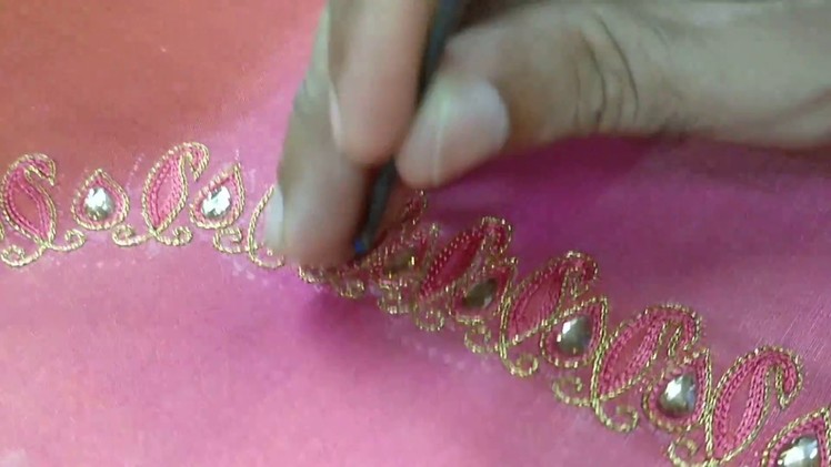 Thread and stone work for a pink designer blouse