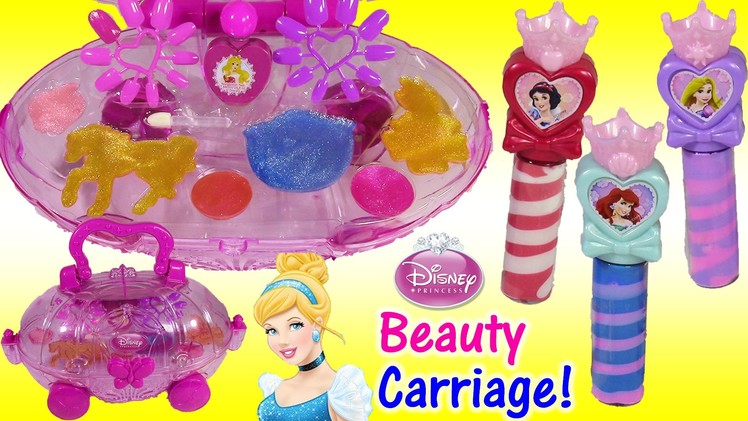 Disney Princess Beauty Carriage! Makeup!  Lip Gloss & Nail Polish! Sweet Surprises Lip Gloss! FUN