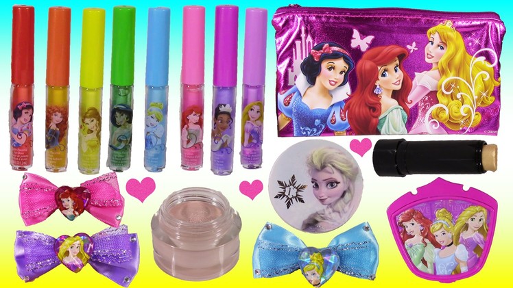 Disney Princess Bonanza 3! Lip Gloss Bag Mirror Bows! Pocahontas Ariel ELSA Frozen Makeup! FUN