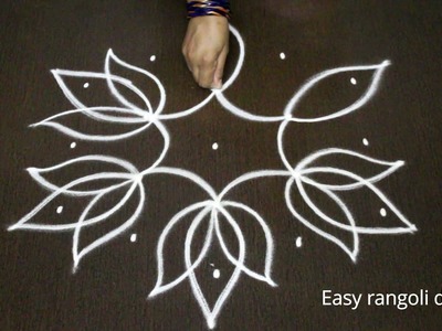 Easy lotus rangoli designs with dots for beginners - chukkala muggulu  - simple kolam  designs