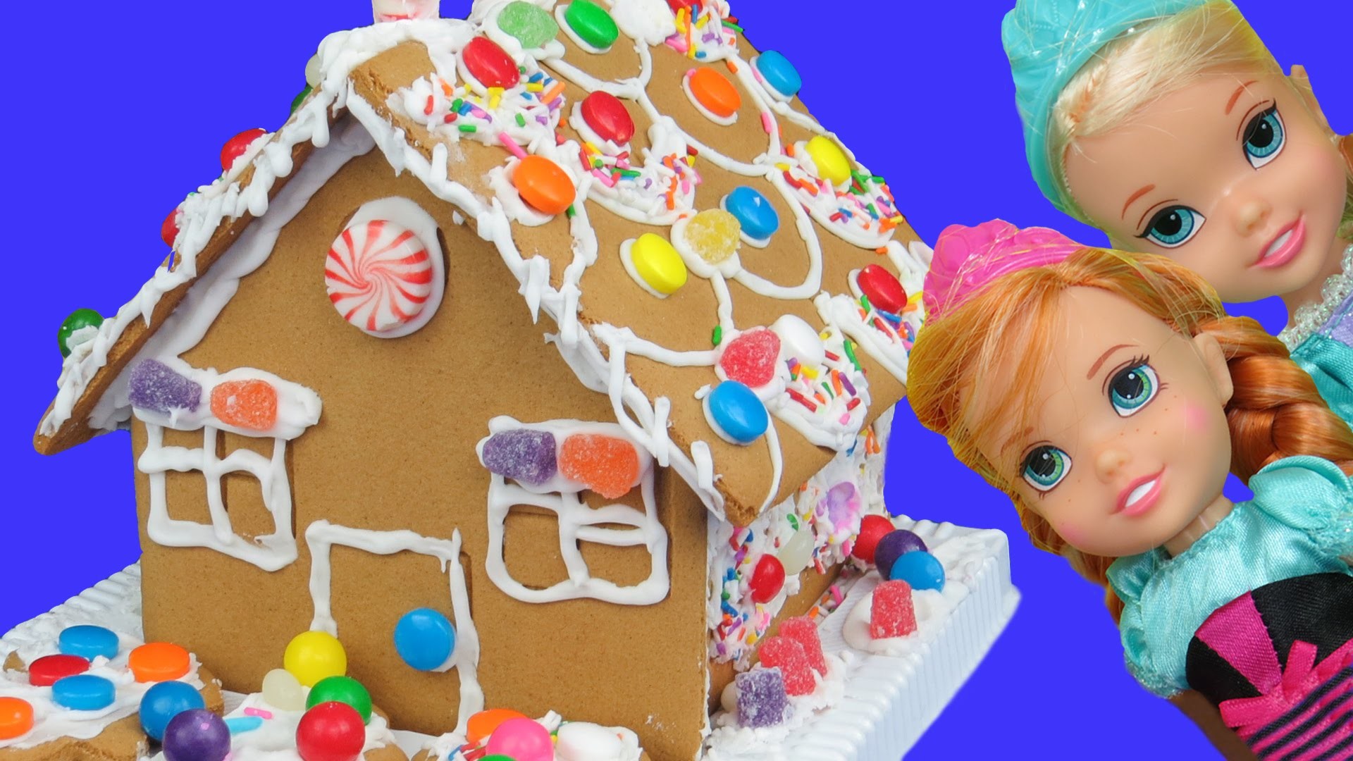 Gingerbread house BUILDING ! ELSA, ANNA toddlers use icing and candy