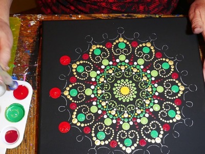 How to paint dot mandalas-#27 Using a Stencil to make a Red, Gold and Green Indian wedding mandala