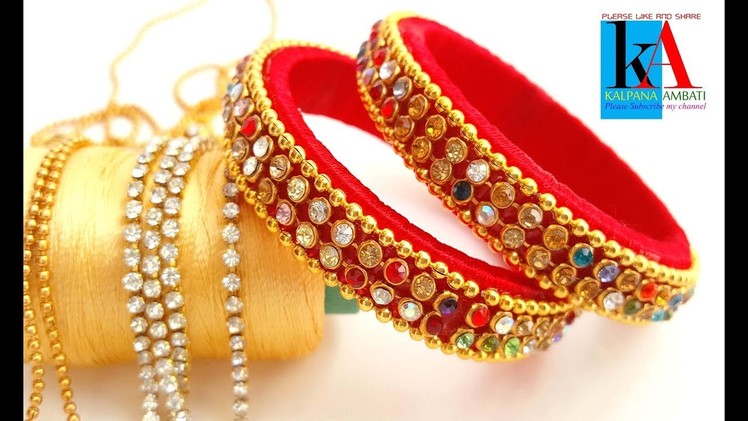 Making of Multi Color Stone Chain Silk Thread Bangles at home. making tutorial