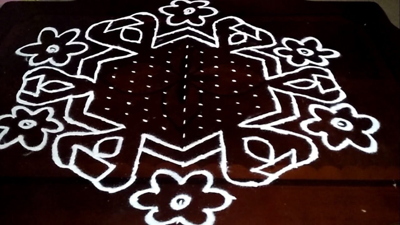 Simple Flowers kolam designs with 19-10 middle, chukkala muggulu with