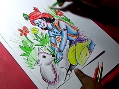 How ro Draw Lord Krishna giving food to Cow Color Drawing