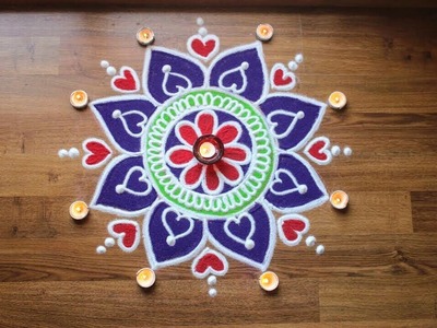 Creative, Simple and  quick freehand flower rangoli design - Diwali Rangoli designs with colours
