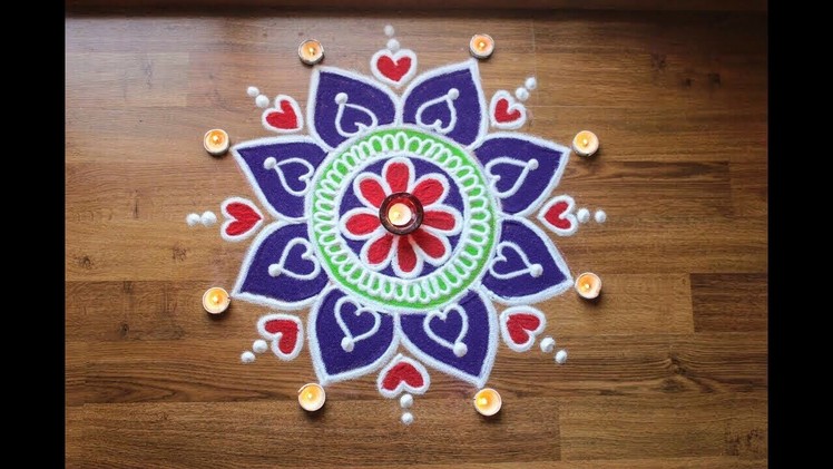 Creative, Simple and  quick freehand flower rangoli design - Diwali Rangoli designs with colours