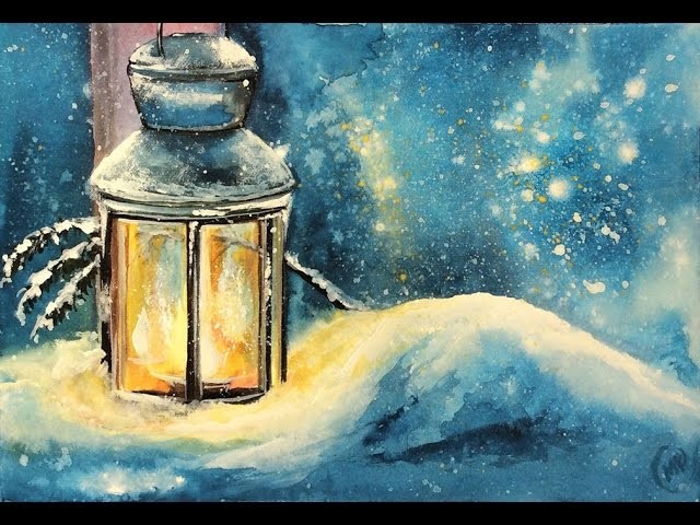 Watercolor and White Gouache Lantern covered in Snow Painting Demonstration