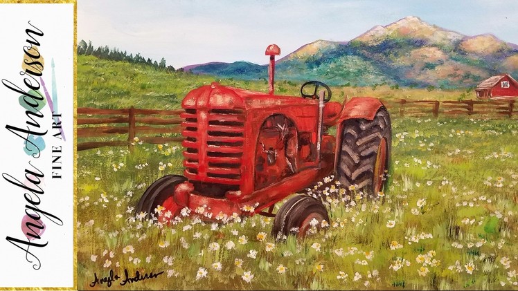 Acrylic Painting Tutorial: Rustic Country Tractor Landscape LIVE Step by Step Lesson