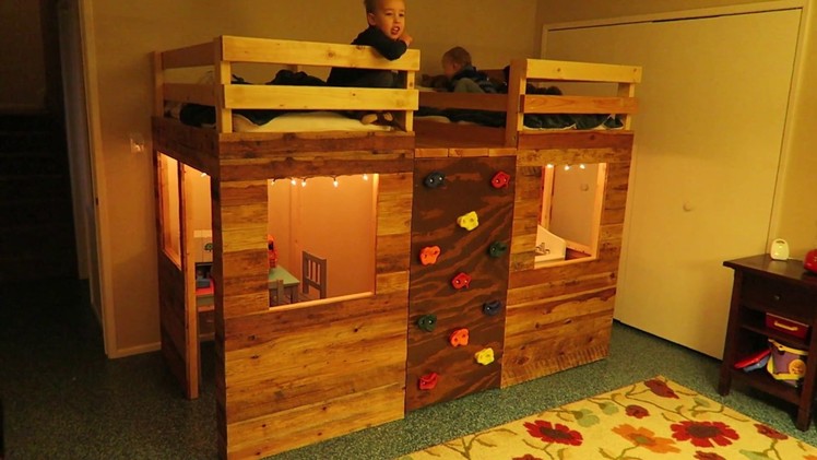 Bunk Bed Playhouse using Crib Mattresses and a Climbing Wall