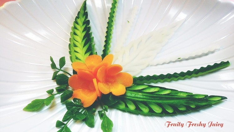 Attractive Cucumber & Radish Leaves With Carrot Flower Carving Garnish