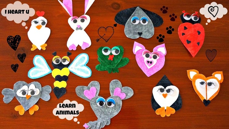 Create Cute Animals Using Heart Shapes | Learn Animal Names and Sounds | Creative Craft for Kids