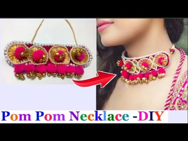 Pom Pom Necklace making | How to make  pom pom Necklace.Gota patti jewellery - navratri special