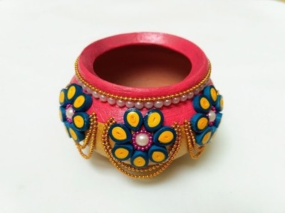 Pot diya decoration with quilling paper