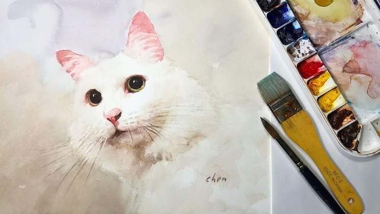 Watercolor Animal Painting: lesson of a white cat