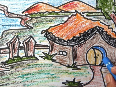 Colourful scenery for kids with wax colour pencil drawing | step by step with narration