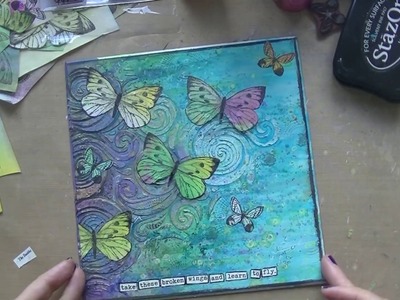 Mixed media butterfly canvas sprayink, gesso, stamps