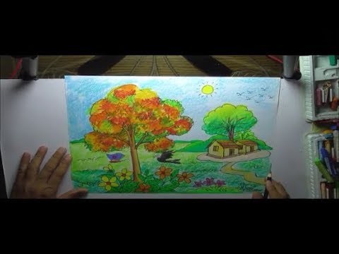 Art & Craft: How to Draw Spring Scenery with Colour বসন্তকালের দৃশ্য অংকন