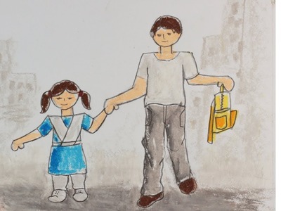 How to Draw A Scenery of Father Taking Daughter to School Easily Step by Step in Oil Pastel