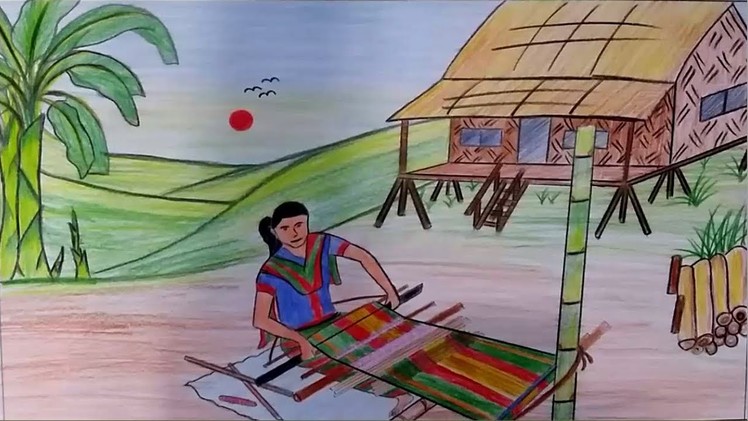 How to draw a scenery of Loom Cloth Woven step by step