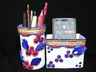 How to make a pen stand with waste material - Creative ideas for Pen stand and Mobile phone holder