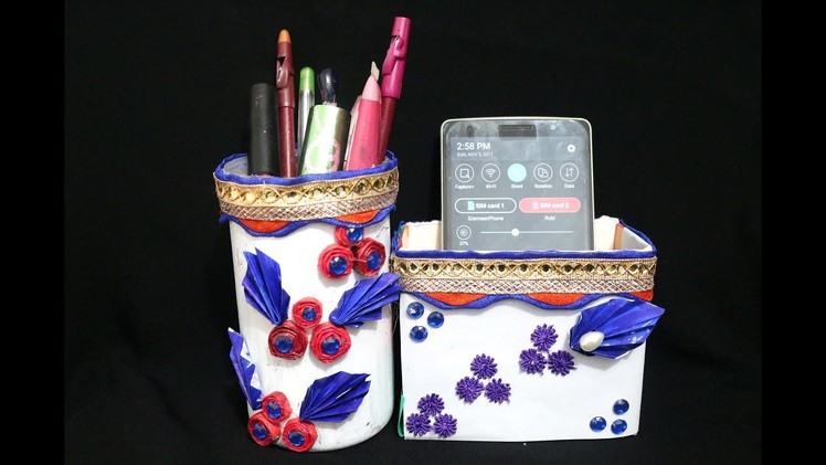 How to make a pen stand with waste material - Creative ideas for Pen stand and Mobile phone holder