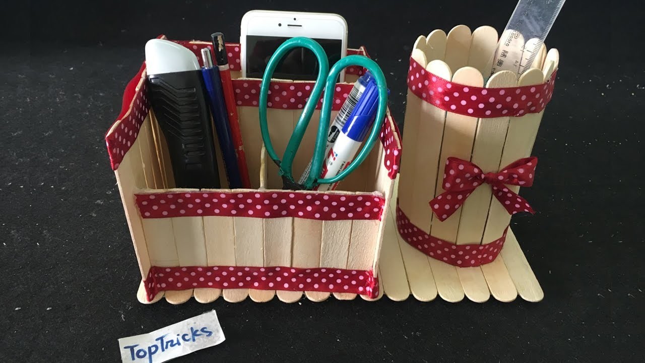 How to make pen box with ice cream sticks, DIY Pen stand and Mobile ...