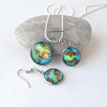 Mermaid Scales, Aqua Teal, earring pendant set, womans necklaces, dangle earrings, handmade wearable art, unique jewelry, gift ideas for her