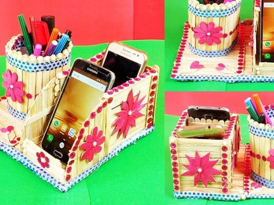 Popsicle Stick Crafts DIY How to Make Pen Stand and Mobile Phone Holder with Ice Cream sticks Crafts