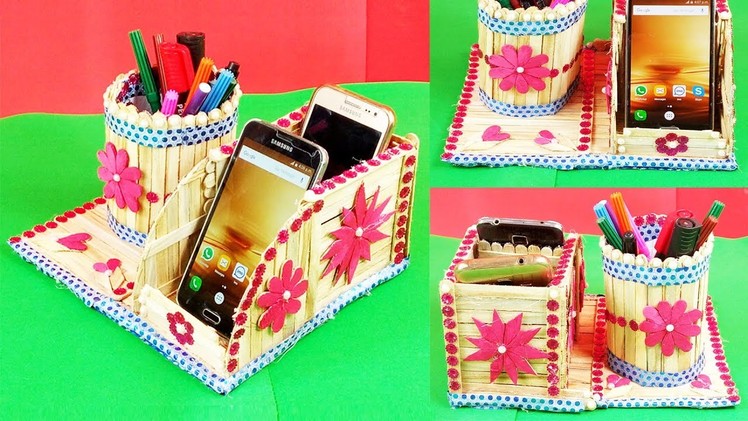Popsicle Stick Crafts DIY How to Make Pen Stand and Mobile Phone Holder with Ice Cream sticks Crafts