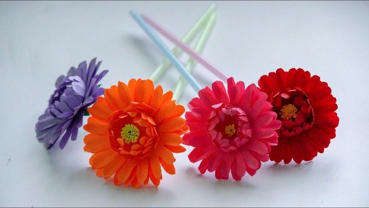 Diy paper flowers. paper flowers. best out of waste ( straw). diy gerbera flower by KovaiCraft