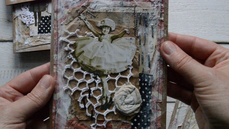 Grungy ,vintage style cards with Tim Holtz paper dolls.( All sold, thank you )