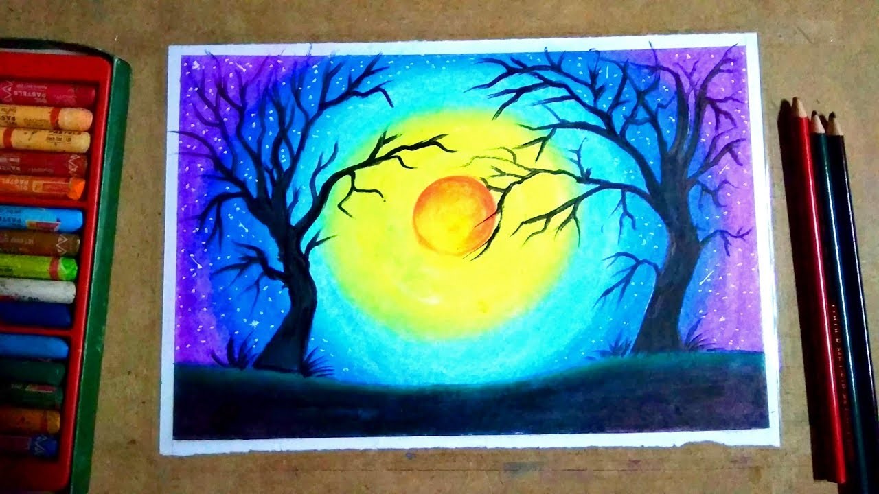 How to draw a simple unique moonlight trees || tips oil pastel colour painting