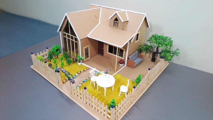 How To Make A Mansion House From Cardboard With Beautiful Fairy Garden -  Popsicle Stick Crafts
