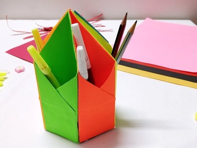 How to make Paper pen stand. holder -Easy and step by step craft tutorial for kids Origami projects
