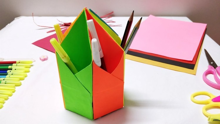 How to make Paper pen stand. holder -Easy and step by step craft tutorial for kids Origami projects