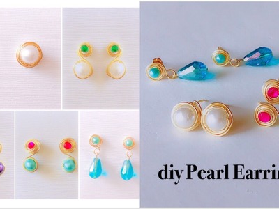 Making of pearl earrings at home|DIY wire wrapped pearl stud earrings| make designer pearl earrings